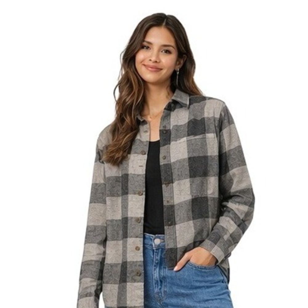 Grey‎ Plaid Button Down Shirt Buffalo Check Flannel Boyfriend Shirt Large